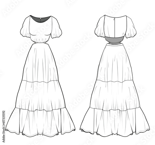 Balloon Sleeve Tiered Cutout Dress Front and Back View. Fashion Flat Sketch Vector Illustration, CAD, Technical Drawing, Flat Drawing, Template, Mockup. 