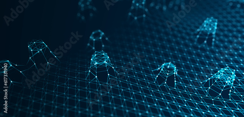 Abstract network of particles and lines. Technology connection. Digital background. 3d rendering