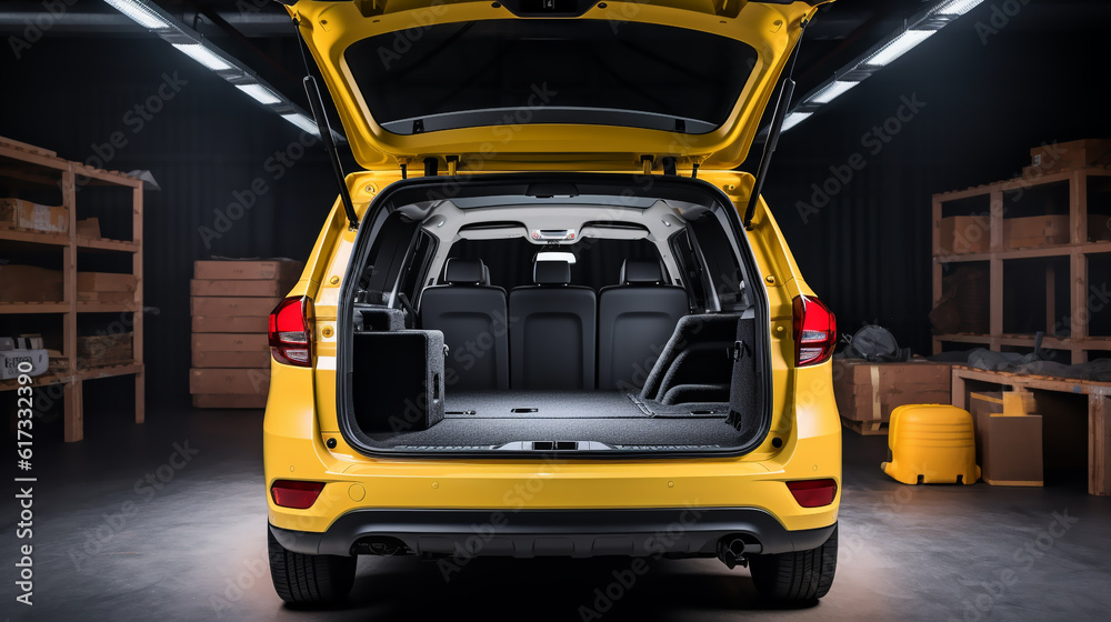 Huge, clean and empty car trunk in interior of compact suv. Rear view of a yellow SUV car with open trunk. Generative AI - obrazy, fototapety, plakaty 
