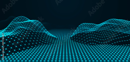 Landscape of lines. Wireframe concept of mountains. Technology background. Big Data. 3d rendering