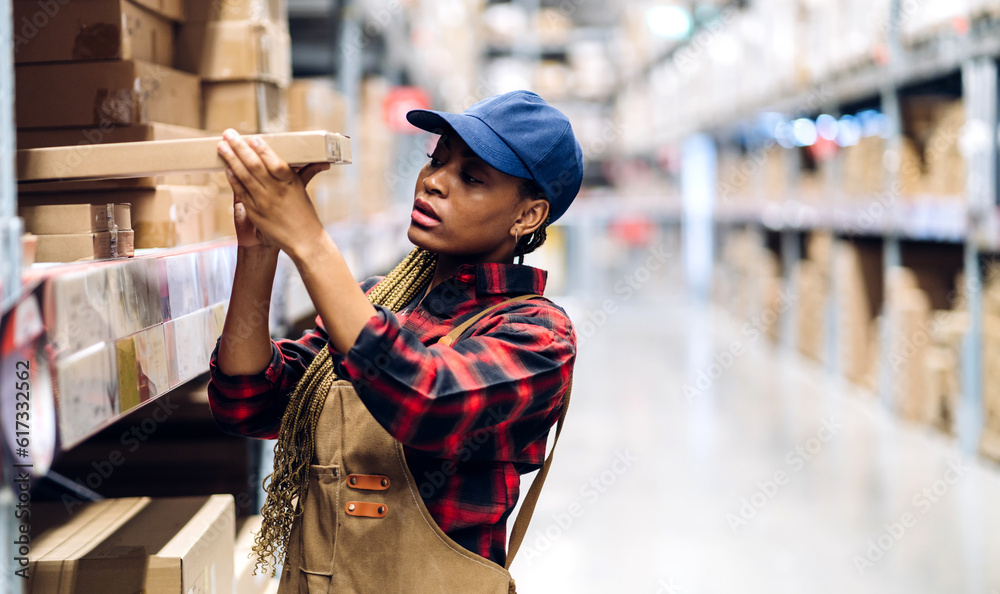 Portrait of smiling african american engineer woman order details checking goods and supplies on shelves with goods background in warehouse.logistic and business export