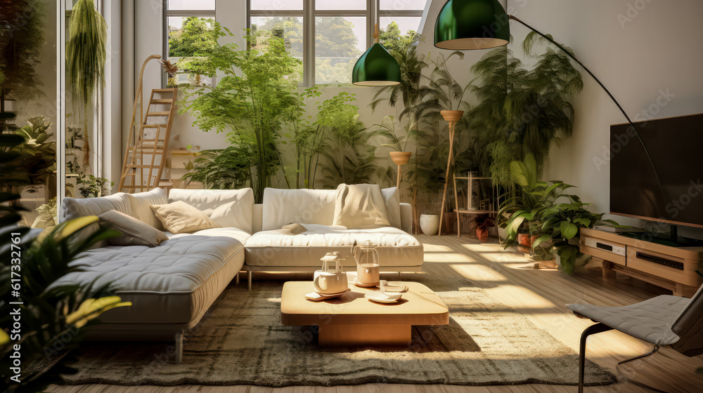Obraz premium 3D render Nature's Haven- A Serene Fusion of Living Room and Garden relax view for Tranquility and Harmonious Connection interior design.jpg