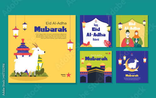 set of icons for eid al adha mubarak Arab man with camel and goat. illustration of Qurban or sacrificial feast with Eid al-Adha greetings concept on blue background. photo