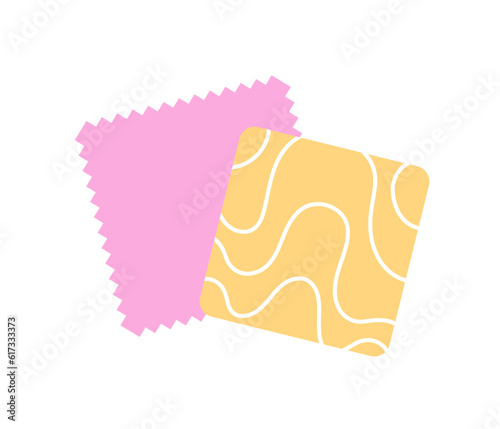 Sewing colorful fabric sticker concept. Manufacture of Tshirts, skirts and dresses. Elegance and aesthetics. Poster or banner for website. Cartoon flat vector illustration isolated on white background