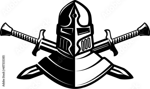 Knight helmet with crossed swords. Warrior helmet with swords. Design element