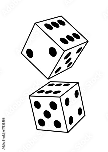 Dice game. Gamble. Casino luck, game symbol. Simple two cubes, in the air. Roll the dice