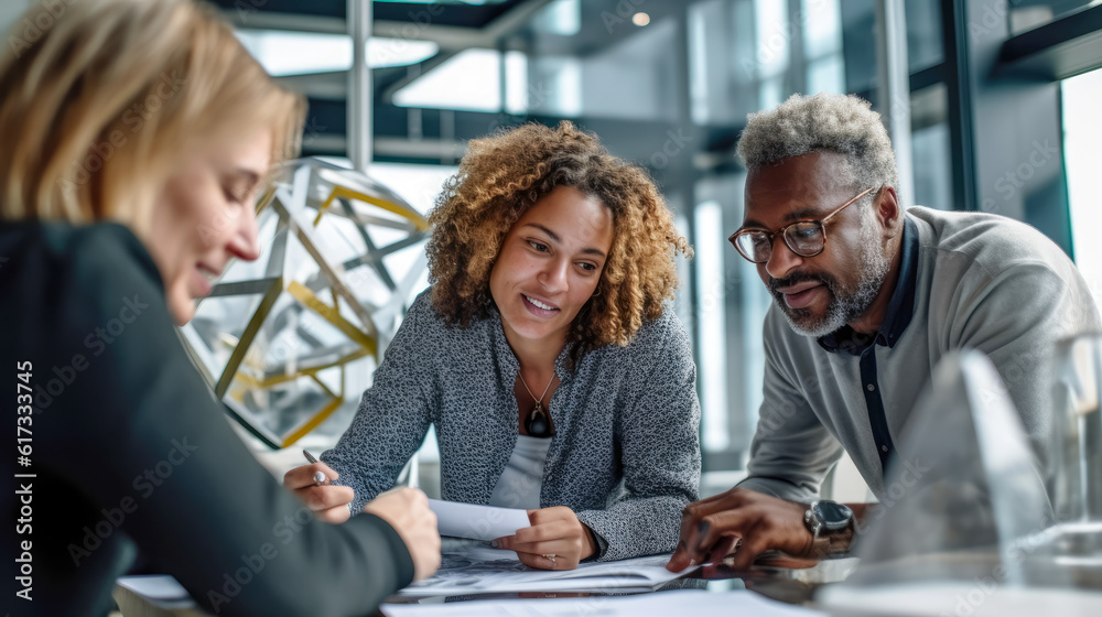 Photograph of a multiethnic workgroup collaborating in a modern office. Photograph of a multiethnic workgroup collaborating in a modern office.