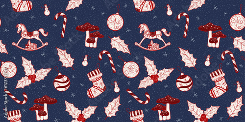 Vintage Christmas seamless pattern. Original illustration pattern design for Christmas Eve or New Year celebration. Perfect for gift, web banner, card, poster, etc.