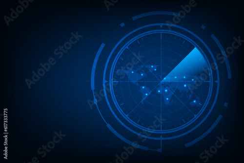Vector world map with technology futuristic radar detect monitor.