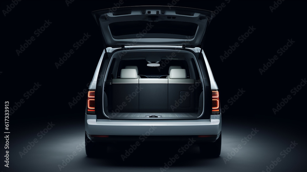 Huge, clean and empty car trunk in interior of compact suv. Rear view of a white SUV car with open trunk. Generative AI - obrazy, fototapety, plakaty 