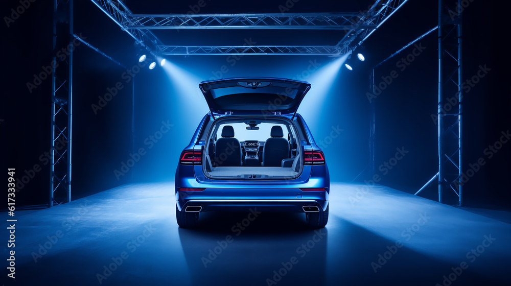 Huge, clean and empty car trunk in interior of compact suv. Rear view of a bleu SUV car with open trunk. Generative AI Huge, clean and empty car trunk in interior of compact suv. Rear view of a bleu SUV car with open trunk. Generative AI