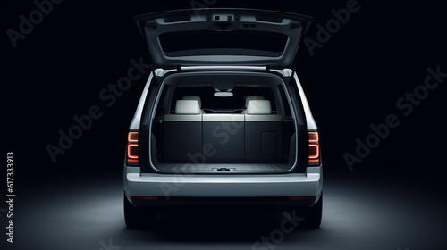 Huge, clean and empty car trunk in interior of compact suv. Rear view of a white SUV car with open trunk. Generative AI
