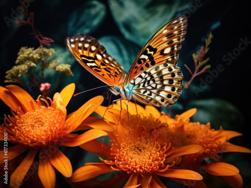 Orange butterfly sitting on flower. Illustration AI Generative.