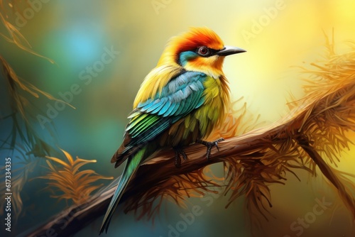 A colorful bird perched on a branch, Illustration AI Generative.