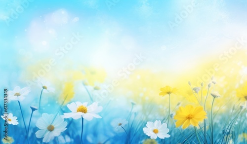 Blue and yellow summer flower background. Illustration AI Generative.