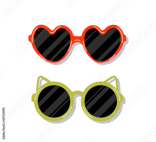 Set of trendy sunglasses. Fashion trend and style. Accessory and item of clothing for UV protection. Poster or banner. Cartoon flat vector collection isolated on white background