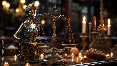 Justice. Scales on the table. Justice and balance. Lawyer.