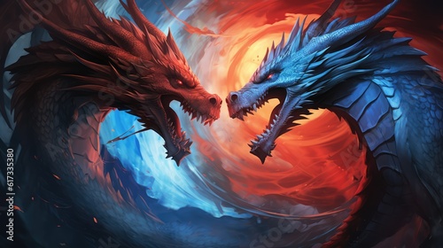 Two dragons face to face, red and blue, against competition illustration