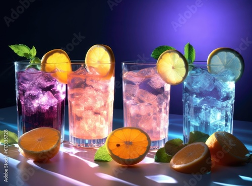 Several glasses of iced drinks with citrus slices and garnish in them. Generative AI
