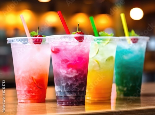 Various iced drinks in plastic cups on a wooden counter. Generative AI
