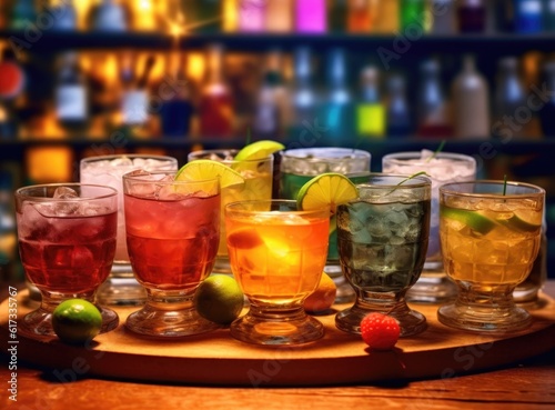 Cocktails on bar table nightclub party row of drinks. Generative AI © Marharyta