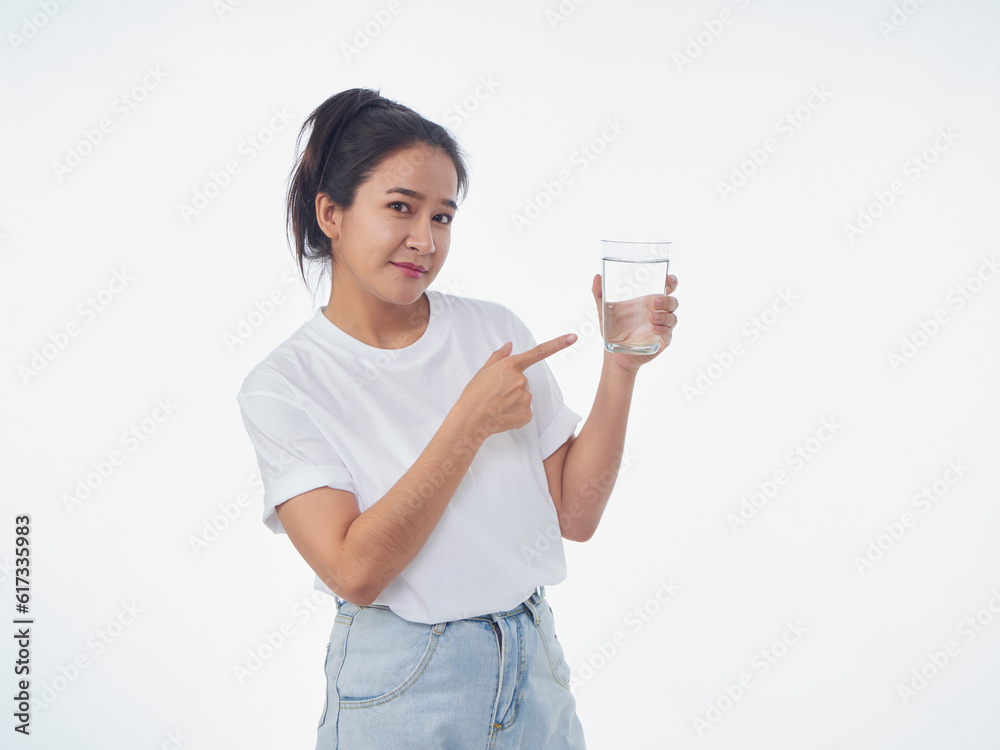 Woman drinking water on white background Woman drinking water on white background
