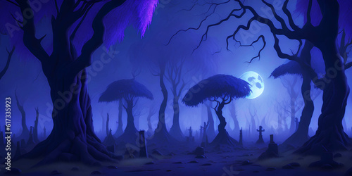 Halloween background with a night cemetery and creepy crooked trees in fog and haze. generative ai