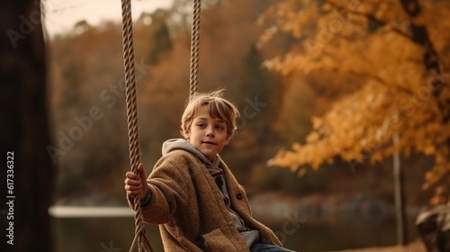 Cute little boy swinging on a swing. AI generative image.