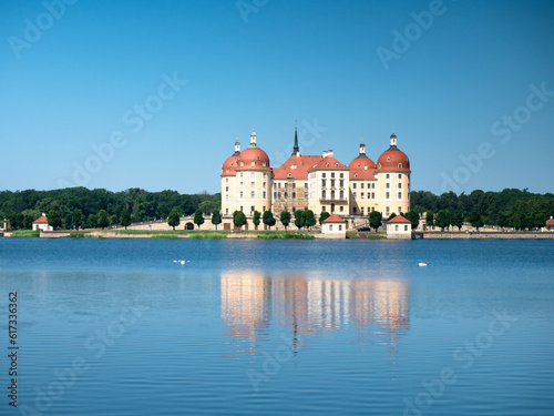 Panoramic view of the lake surrounding Moritzburg castle