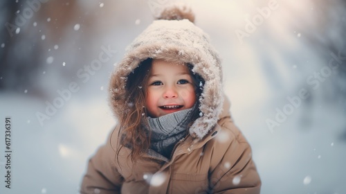 Portrait of a little girl in a snowy park. Сhild playing in the winter. AI generative image.