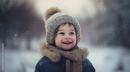 Portrait of a little girl in a snowy park. Сhild playing in the winter. AI generative image.