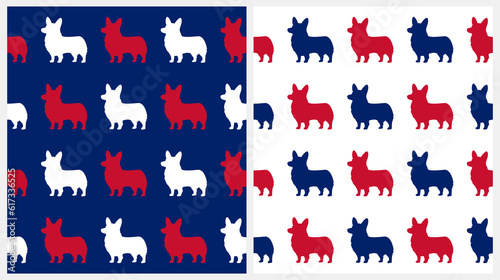 Simple Vector Seamless Patterns with Dogs. Silhouette of Corgi Dogs isolated on a Dark Blue and White Background. Side View of Dog. RGB Colors. Cool Print for Dog Lovers ideal for Fabric, Textile.