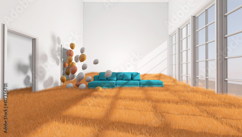 Colorful balloons flying in the room. 3D illustration, 3D rendering photo