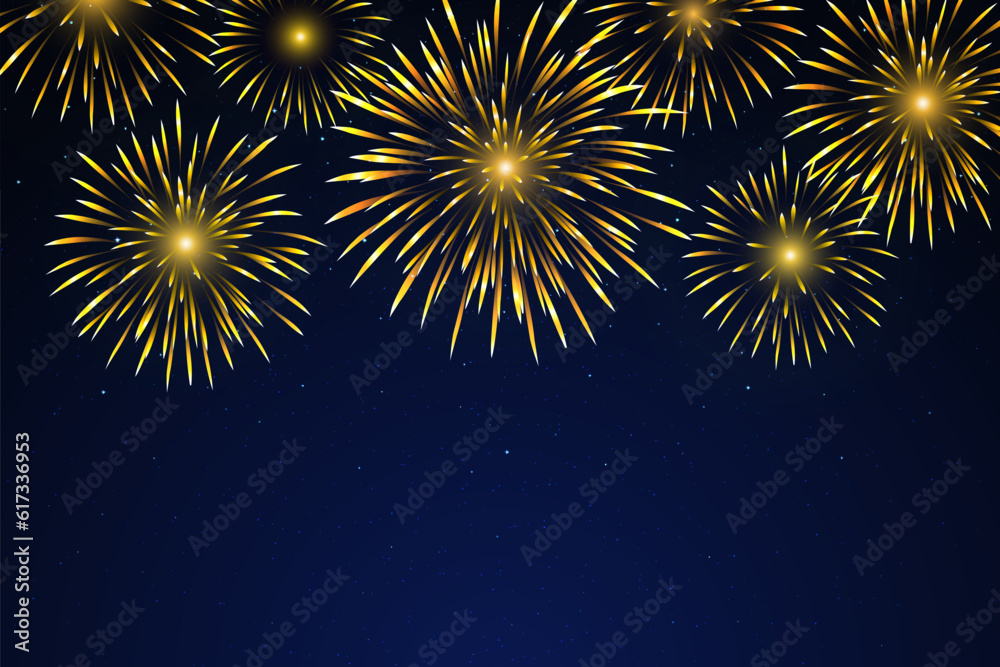 Bright golden fireworks on a dark blue background. Fireworks of gold in the night starry sky. Festive gold in the sky. Background for festive design, party. Vector illustration Bright golden fireworks on a dark blue background. Fireworks of gold in the night starry sky. Festive gold in the sky. Background for festive design, party. Vector illustration