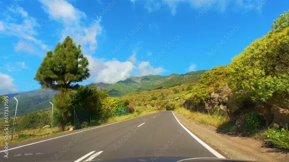 Breathtaking Drive Up The Winding Mountain Road, Driver POV, Surrounded By Majestic Mountains And Verdant Vegetation, Teide National Park, Tenerife, Canary Islands, Spain Breathtaking Drive Up The Winding Mountain Road, Driver POV, Surrounded By Majestic Mountains And Verdant Vegetation, Teide National Park, Tenerife, Canary Islands, Spain