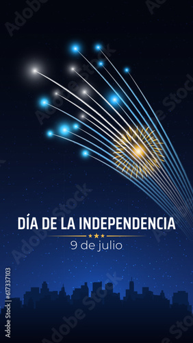9th of july, argentina independence day, argentine colorful fireworks flag on blue night sky background. Argentina national holiday. Greeting card. Vector. Translation Independence day july 9