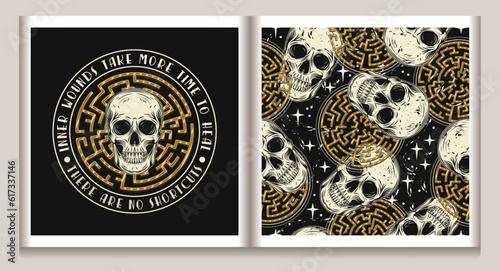 Label, pattern with human skull, labyrinth, text. Concept of mental health, wellness, expanded mind, psychic abilities. Mystical surreal illustration. For prints, clothing, t shirt, textile design