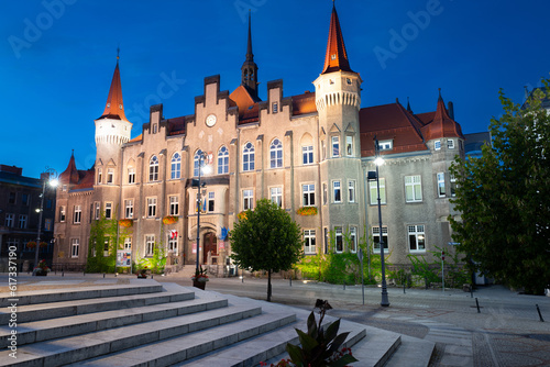 2022-08-29. Night illumination of the 19th century Walbrzych Town Hall in neo-Gothic style, Lower Silesia. Walbrzych, Poland