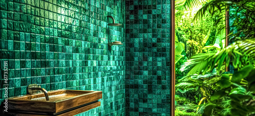 Fototapeta Naklejka Na Ścianę i Meble -  Outdoor bathroom in tropical jungle with dark green tiles, green plants. Bright bathroom with subway tile and a variety of green plants, create a green oasis for relaxation.	