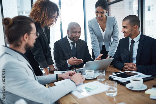 Discussion, planning and business people with laptop in office for financial review, strategy and collaboration. Meeting, teamwork and men and women working on report, group project and proposal