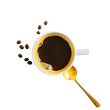 a cup of dark roast coffee, with a spoon resting in the coffee. The coffee has a rich and viscous appearance, suggesting it could be a double shot of espresso. 