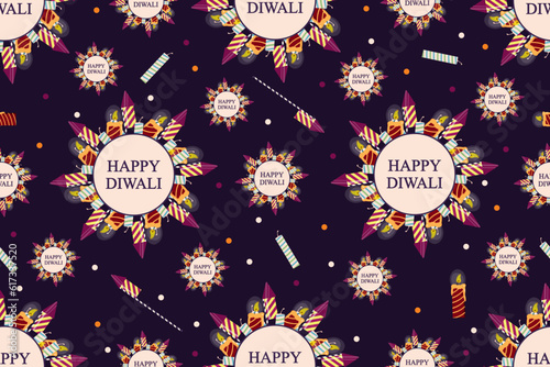 Colored Diwali seamless pattern with firecracker. Main Indian and Hindu holiday endless ornament. Vector illustration. Wallpaper and bed linen print with сandles, firecrackers.