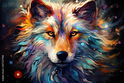 Colorful pattern painted with brushes abstract animal illustration wolf