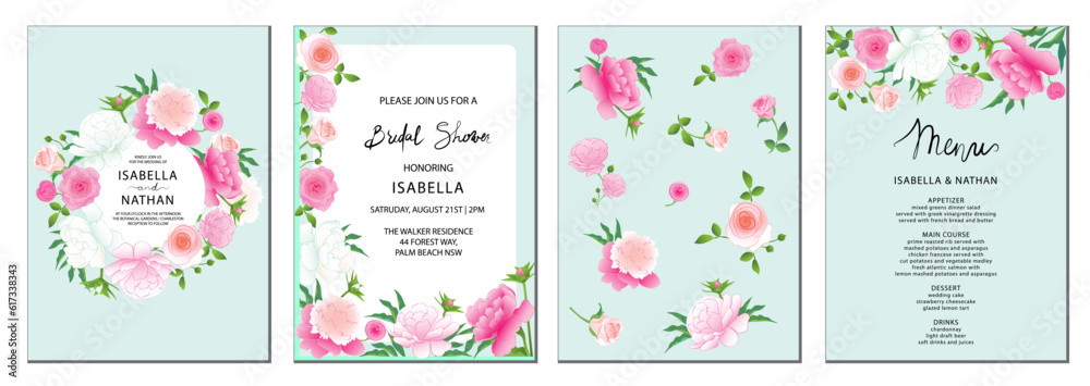 Сoncept set of hand-drawn vector universal floral templates with rose and peony flowers on a pale turquoise background for a menu, greeting card, and invitation perfect for a spring or summer wedding.