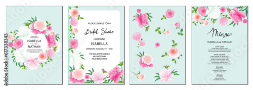 Сoncept set of hand-drawn vector universal floral templates with rose and peony flowers on a pale turquoise background for a menu, greeting card, and invitation perfect for a spring or summer wedding.