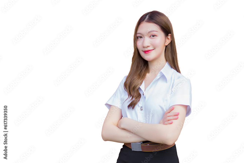 Portrait of an adult Thai student in university student uniform. Asian beautiful girl standing with her arms crossed isolated on white background.