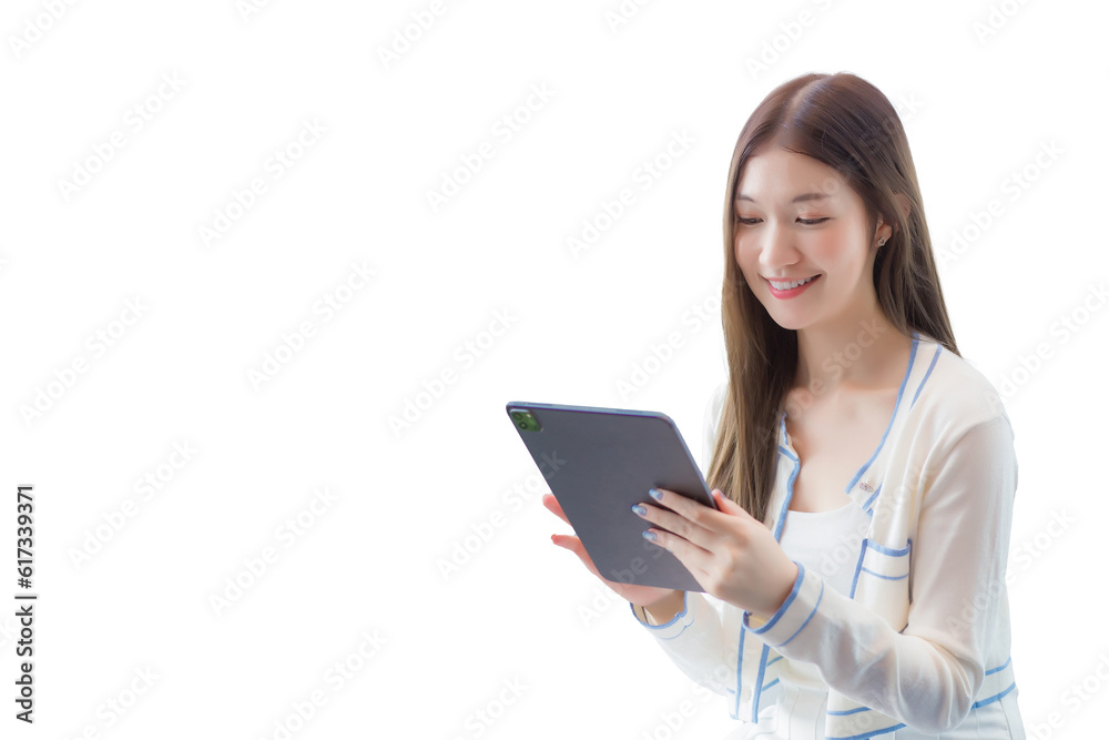 Professional young age Asian business woman with long hair in white shirt holds tablet her smiling happily isolated on white background.