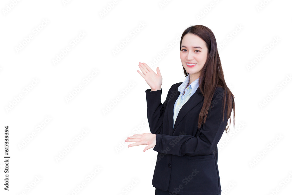 Professional young business working Asian woman wearing a black suit stands and present something while she smiles happily isolated on white background. Professional young business working Asian woman wearing a black suit stands and present something while she smiles happily isolated on white background.