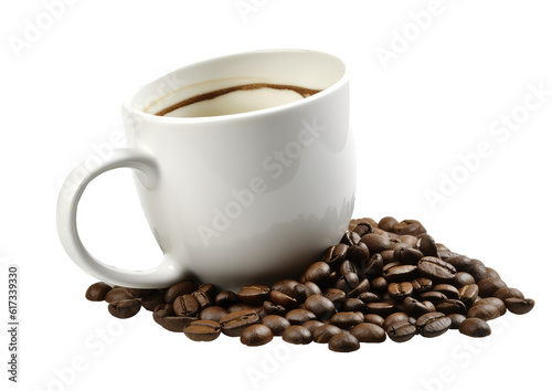 a white coffee cup sitting in the center, filled with a dark liquid, likely coffee. 