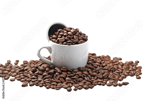 a white coffee cup that is partially submerged in a large pile of freshly ground coffee beans.